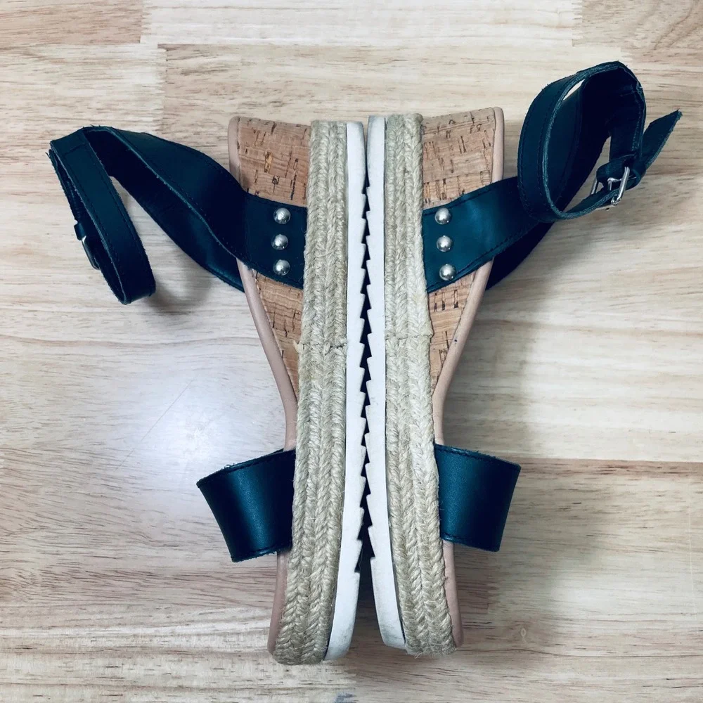 Steve‎ Madden Jewell Black Leather Cork Wedge Espadrille Sandals Women's 9.5M